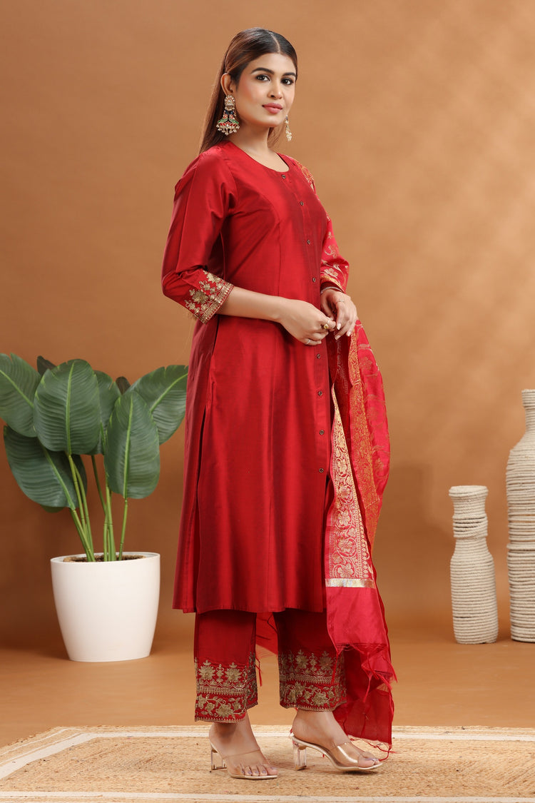 Dark Red PolySilk A Line Embroidered Kurta Pant Suit Set