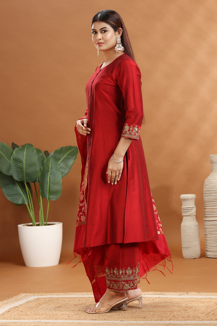 Dark Red PolySilk A Line Embroidered Kurta Pant Suit Set
