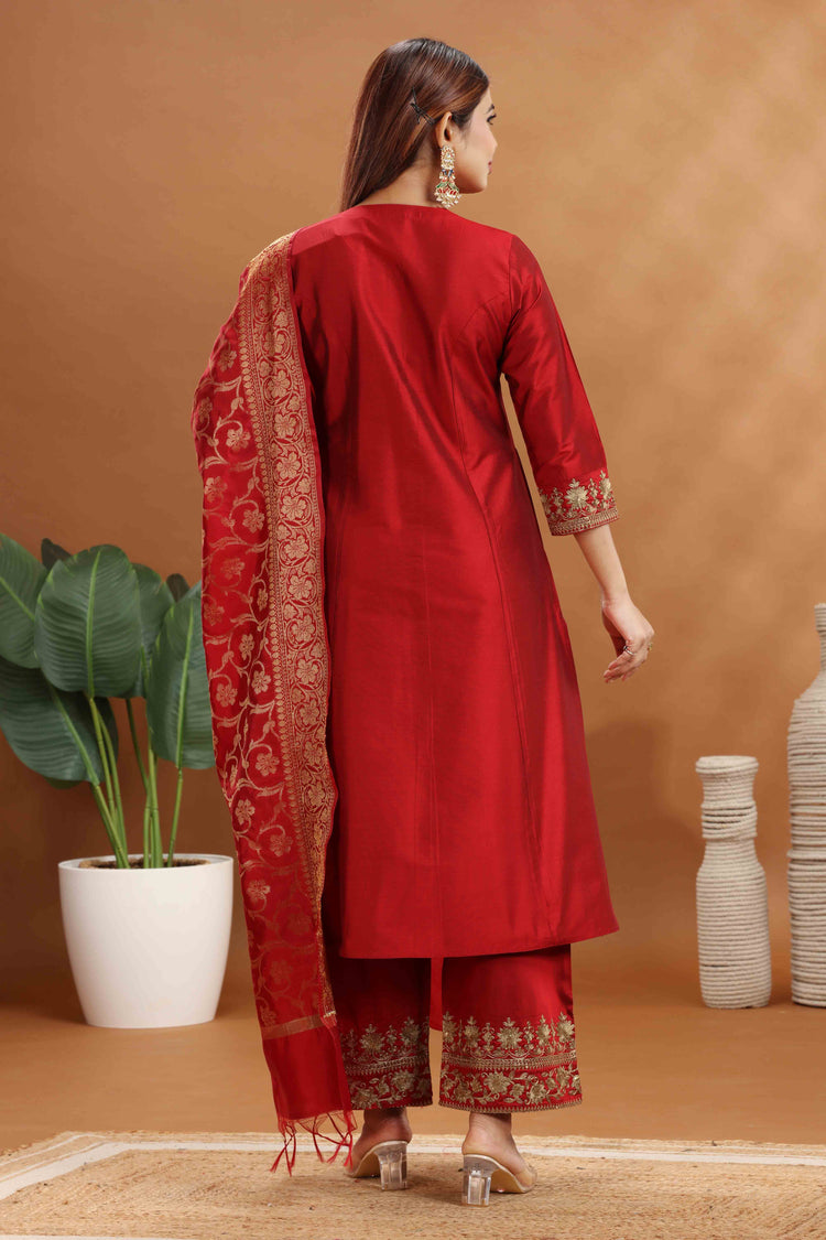 Dark Red PolySilk A Line Embroidered Kurta Pant Suit Set