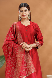 Dark Red PolySilk A Line Embroidered Kurta Pant Suit Set