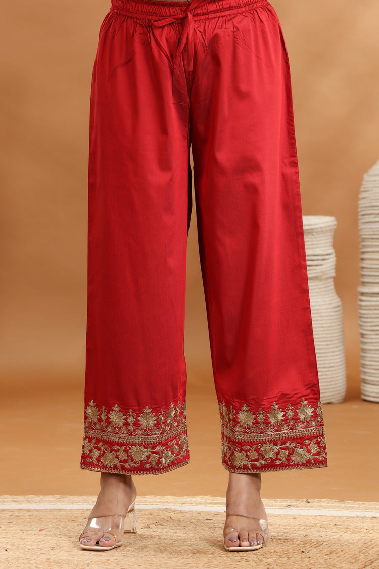 Dark Red PolySilk A Line Embroidered Kurta Pant Suit Set