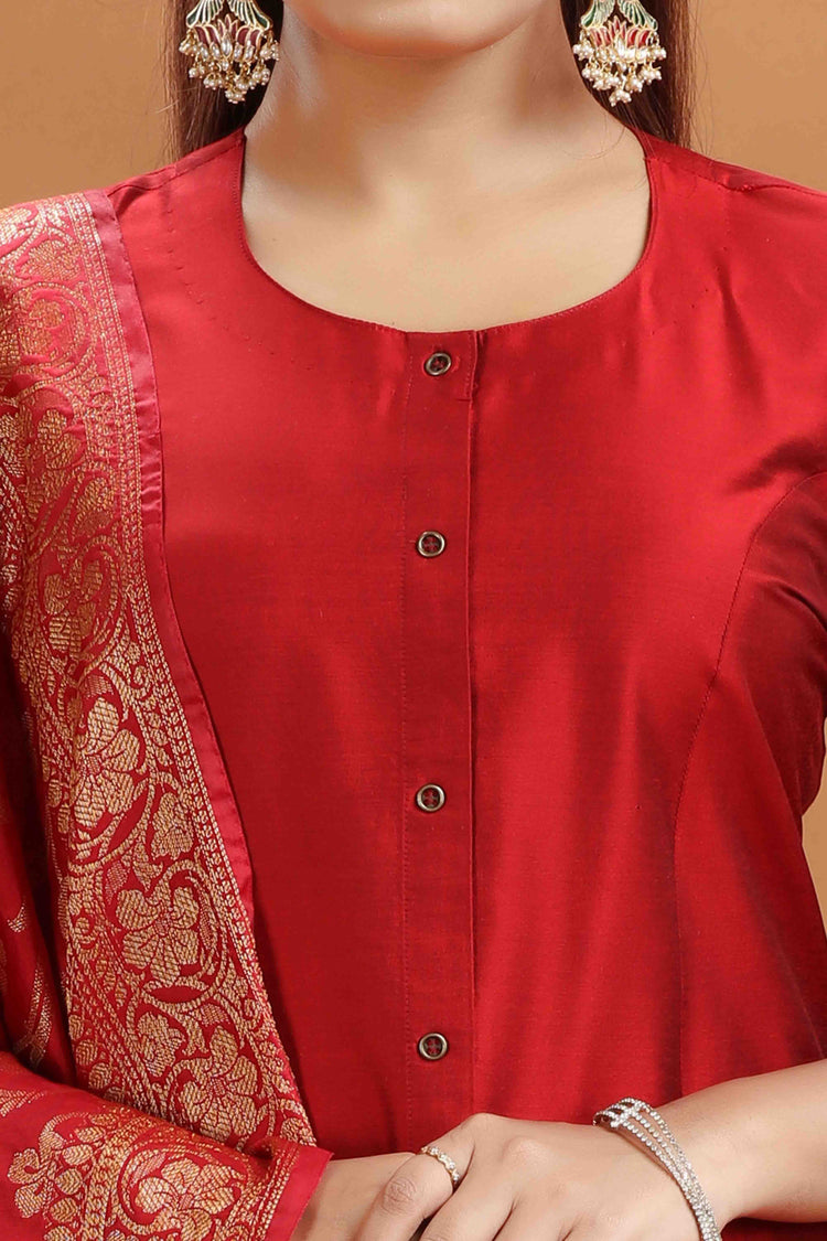 Dark Red PolySilk A Line Embroidered Kurta Pant Suit Set