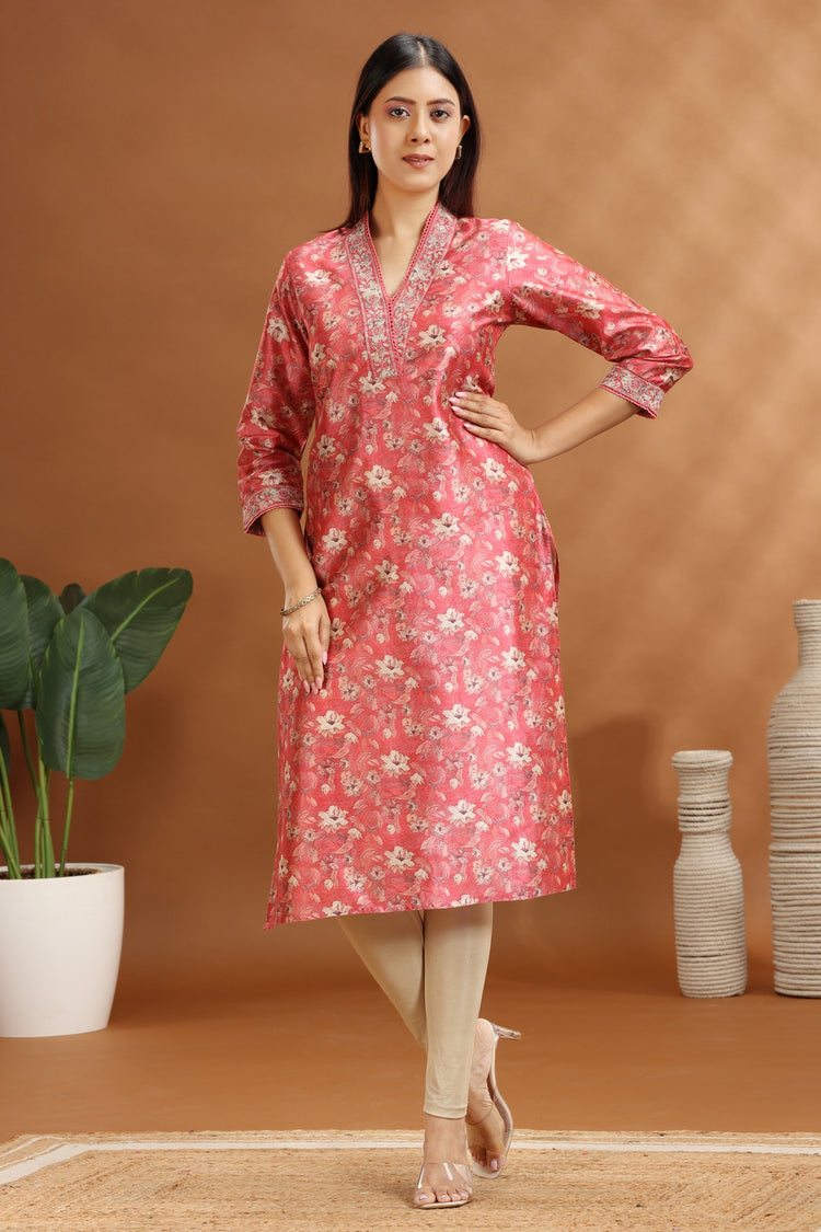 Peach Chanderi A line Embroidered Kurta