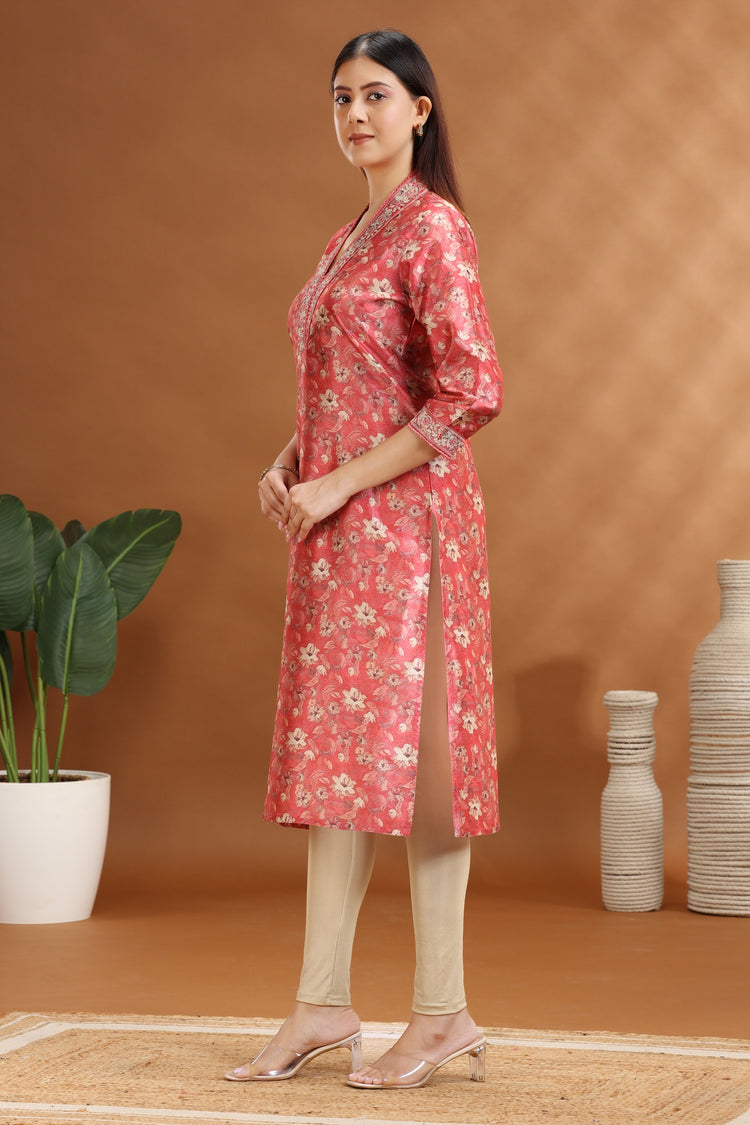 Peach Chanderi A line Embroidered Kurta