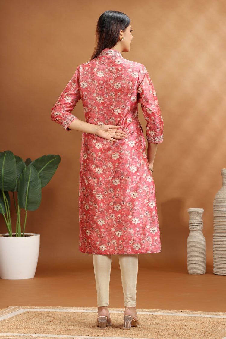 Peach Chanderi A line Embroidered Kurta