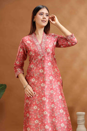 Peach Chanderi A line Embroidered Kurta