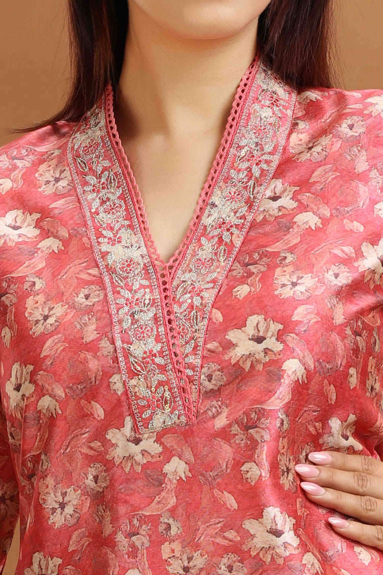 Peach Chanderi A line Embroidered Kurta