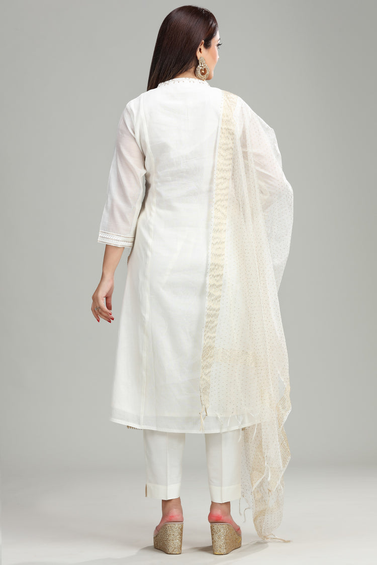 Off White Chanderi Straight Embroidered Kurta Pant Suit Set