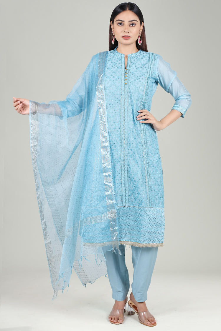 Sky Blue Chanderi Straight Embroidered Kurta Pant Suit Set