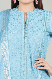Sky Blue Chanderi Straight Embroidered Kurta Pant Suit Set