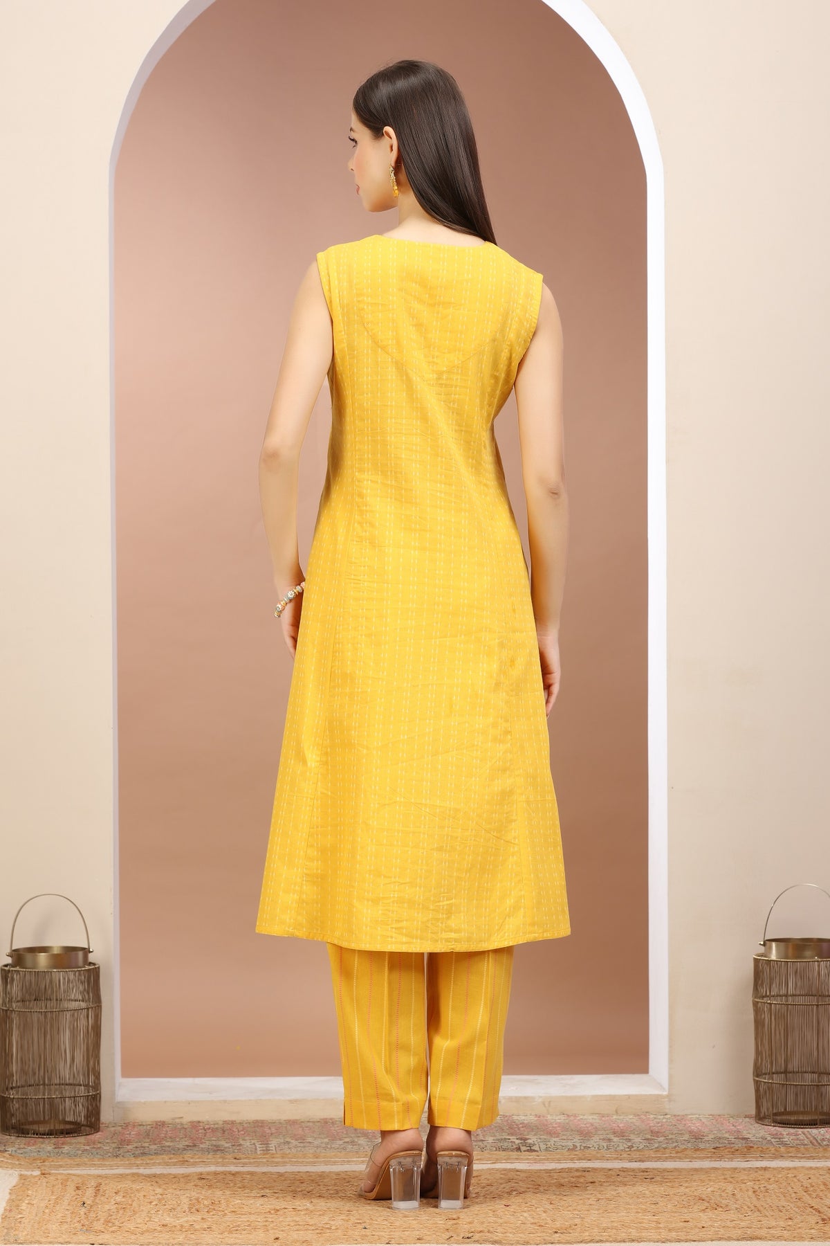 Yellow Handloom A Line Embroidered Kurta Pant Co ord Set