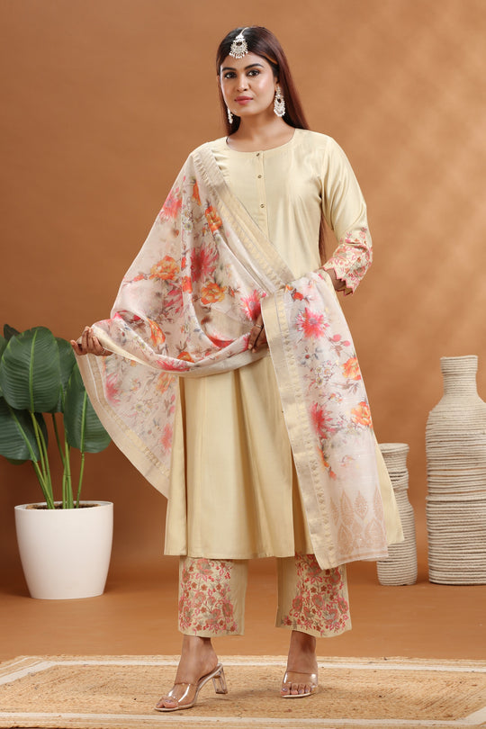 Cream Soft Silk A Line Embroidered Kurta Pants and Dupatta Set
