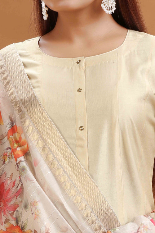 Cream Soft Silk A Line Embroidered Kurta Pants and Dupatta Set
