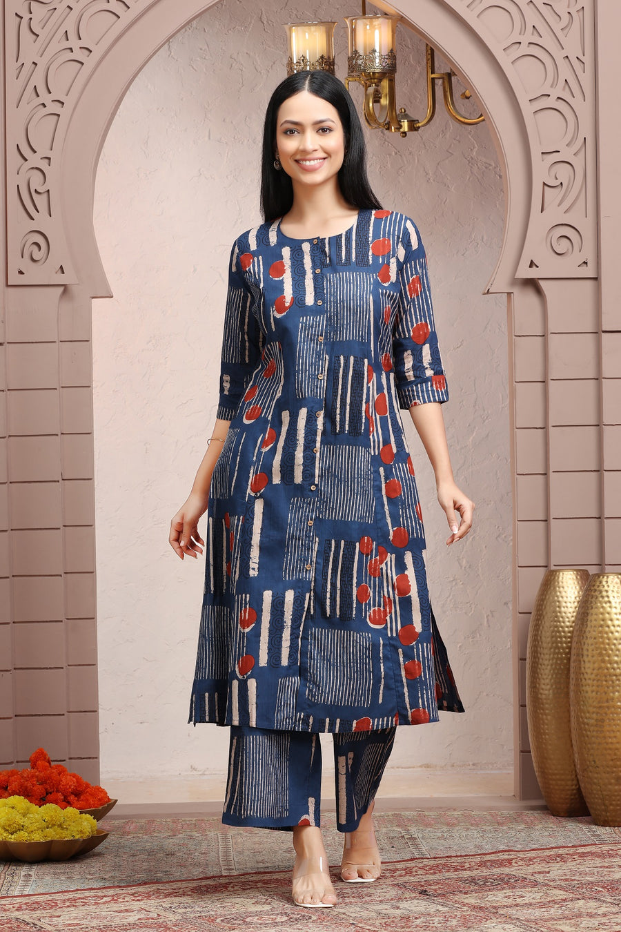 Indigo Blue Jaipuri Cotton Straight Printed Kurta Pant Co ord Set