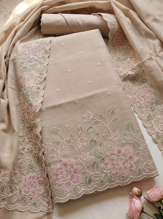 Asphalt Beige Muga Kota Dress Material with Embroidered Dupatta