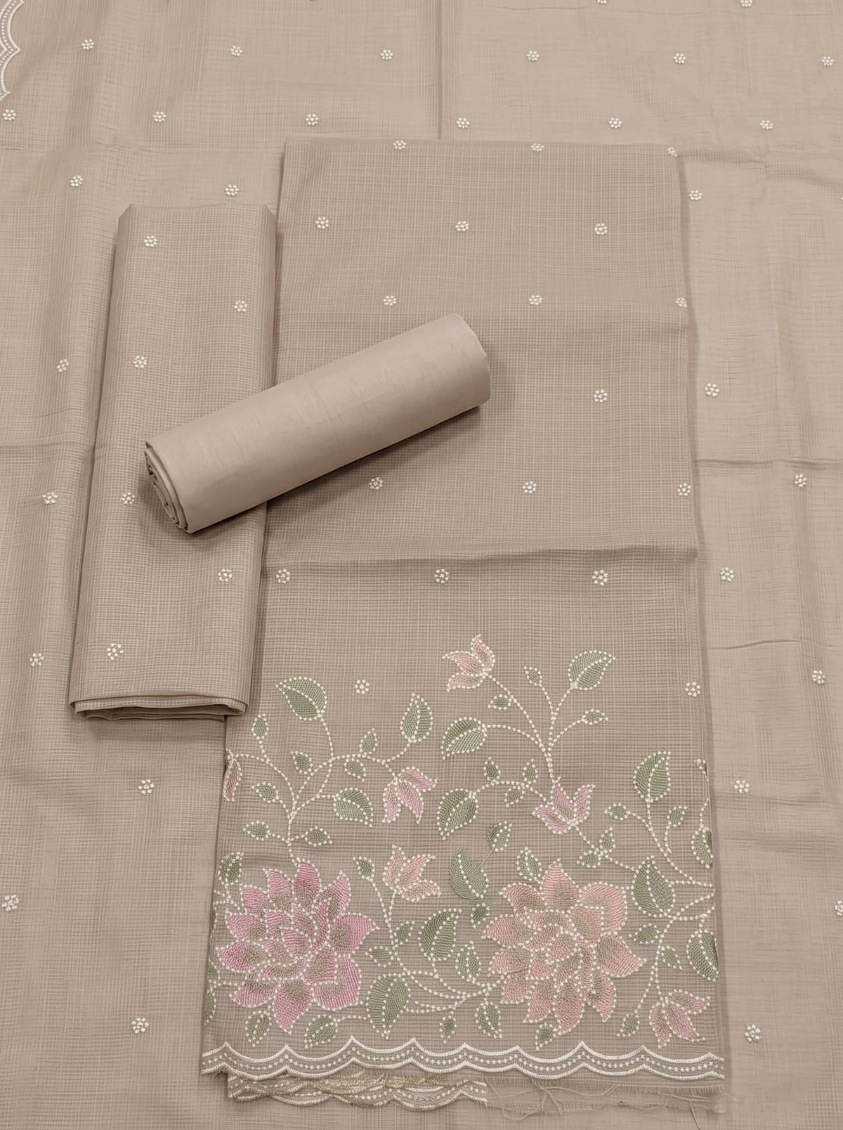 Asphalt Beige Muga Kota Dress Material with Embroidered Dupatta