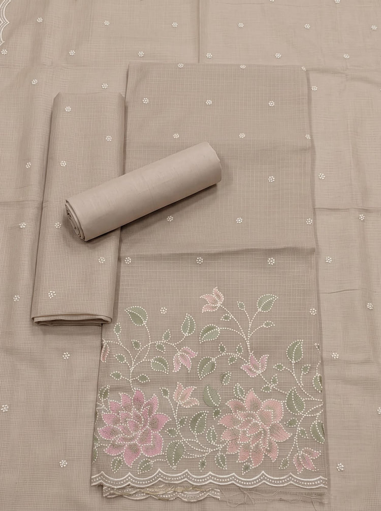 Asphalt Beige Muga Kota Dress Material with Embroidered Dupatta