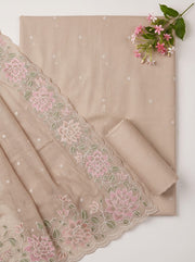 Asphalt Beige Muga Kota Dress Material with Embroidered Dupatta