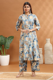 Light Blue Cotton Printed A Line Kurta and Pant Set