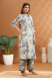 Light Blue Cotton Printed A Line Kurta and Pant Set