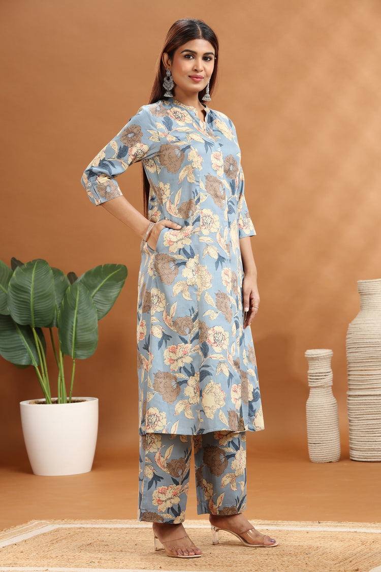 Light Blue Cotton Printed A Line Kurta and Pant Set