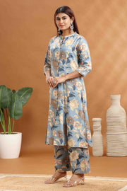 Light Blue Cotton Printed A Line Kurta and Pant Set