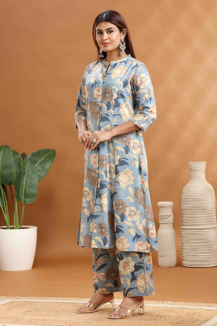 Light Blue Cotton Printed A Line Kurta and Pant Set