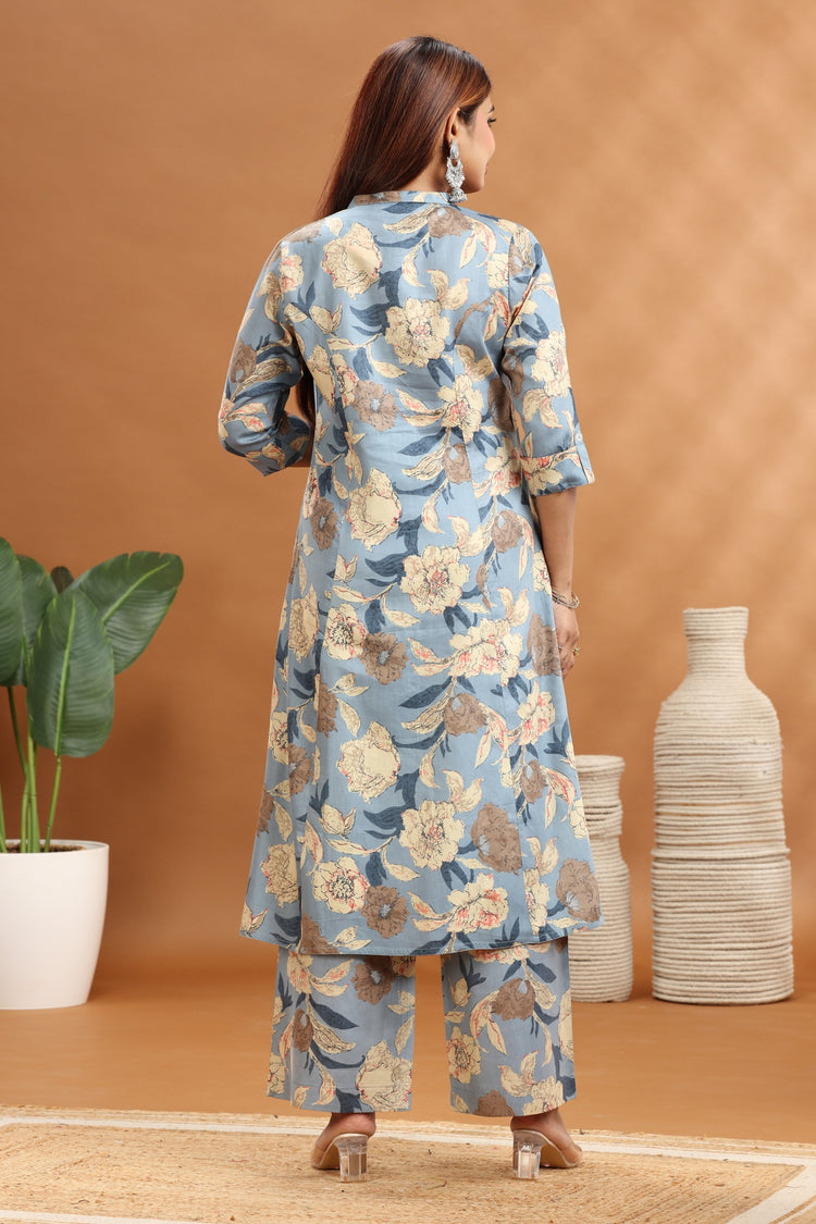 Light Blue Cotton Printed A Line Kurta and Pant Set