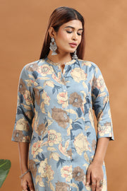 Light Blue Cotton Printed A Line Kurta and Pant Set