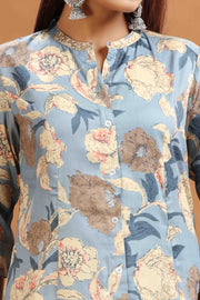 Light Blue Cotton Printed A Line Kurta and Pant Set