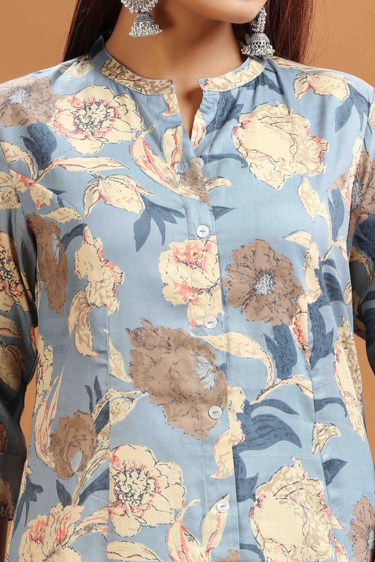 Light Blue Cotton Printed A Line Kurta and Pant Set