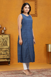 Indigo Cotton Straight Printed Sleeveless Kurta