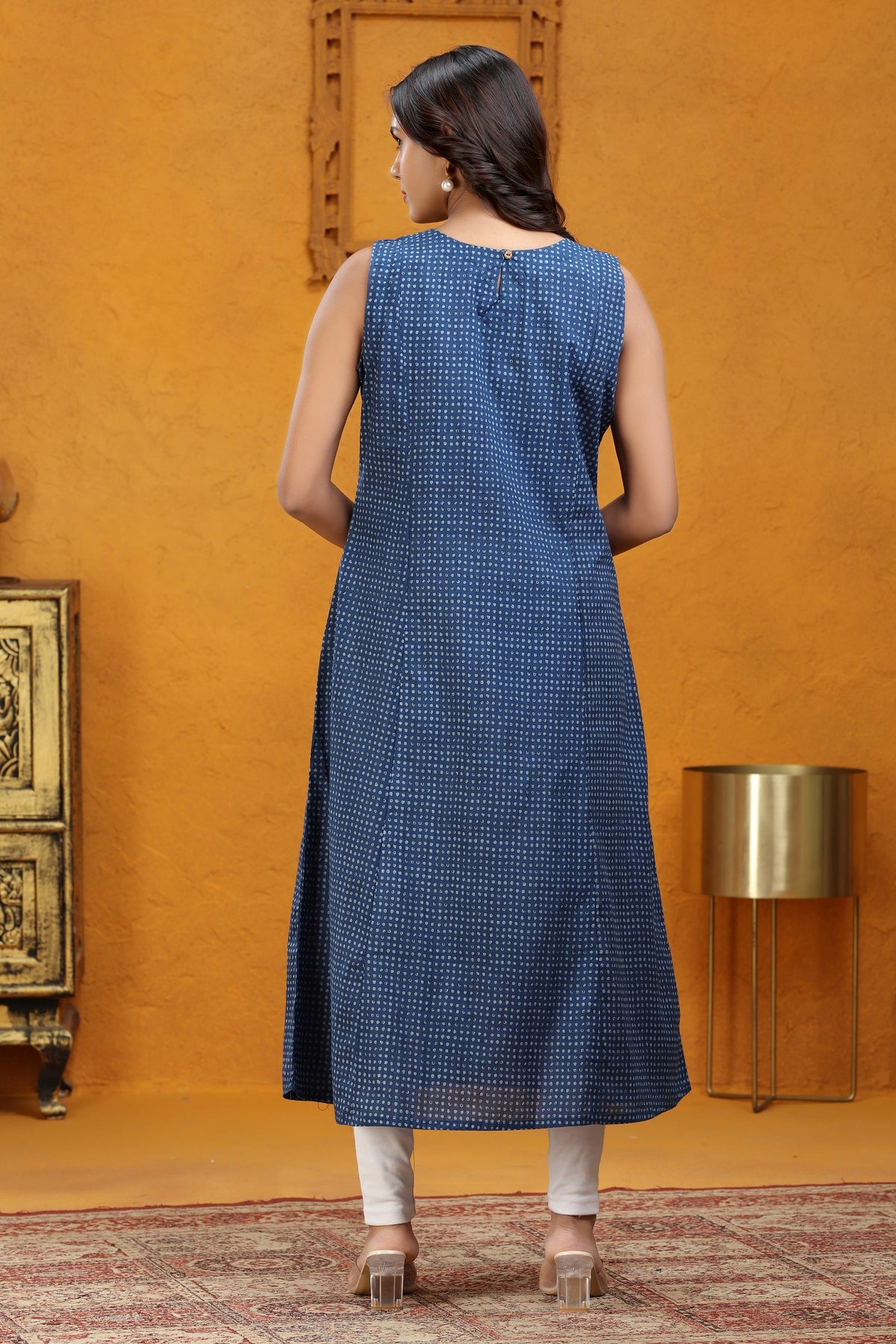 Indigo Cotton Straight Printed Sleeveless Kurta
