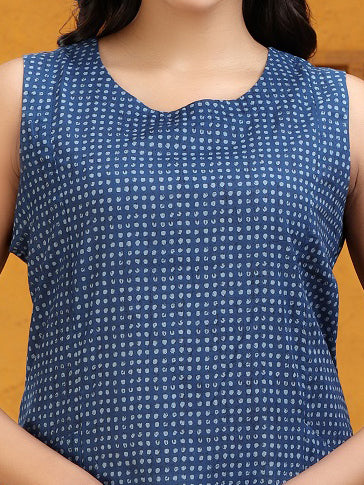 Indigo Cotton Straight Printed Sleeveless Kurta