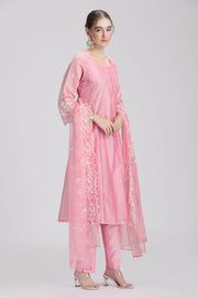 Light Pink Chanderi Embroidered A Line Kurta Pant and Dupatta Suit Set