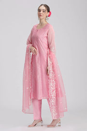 Light Pink Chanderi Embroidered A Line Kurta Pant and Dupatta Suit Set
