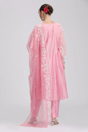 Light Pink Chanderi Embroidered A Line Kurta Pant and Dupatta Suit Set