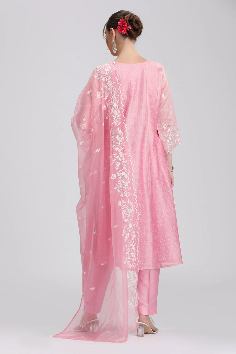 Light Pink Chanderi Embroidered A Line Kurta Pant and Dupatta Suit Set