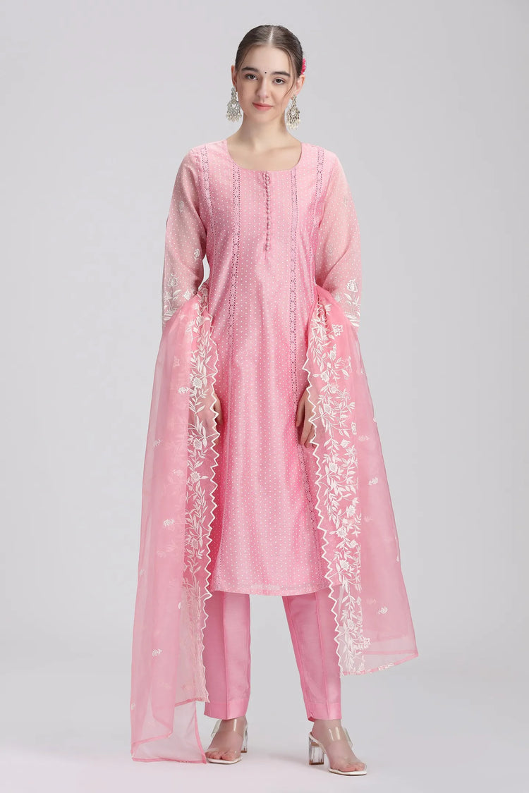 Light Pink Chanderi Embroidered A Line Kurta Pant and Dupatta Suit Set