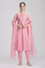 Light Pink Chanderi Embroidered A Line Kurta Pant and Dupatta Suit Set