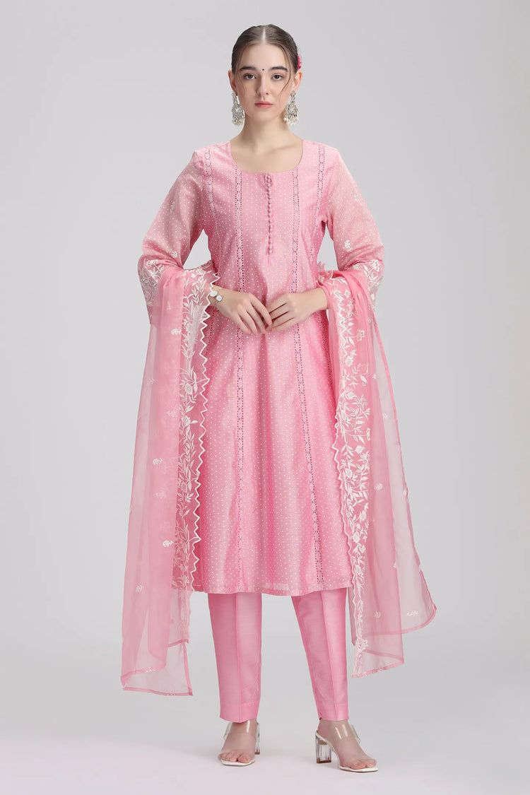 Light Pink Chanderi Embroidered A Line Kurta Pant and Dupatta Suit Set