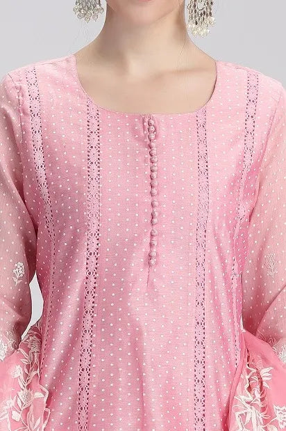 Light Pink Chanderi Embroidered A Line Kurta Pant and Dupatta Suit Set