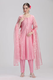 Light Pink Chanderi Embroidered A Line Kurta Pant and Dupatta Suit Set