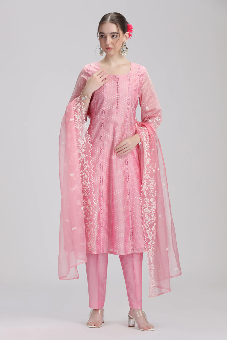 Light Pink Chanderi Embroidered A Line Kurta Pant and Dupatta Suit Set
