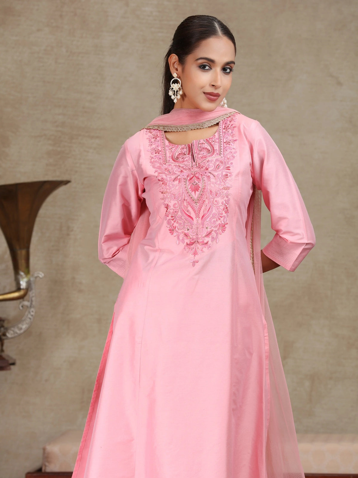 Light Pink Embroidered A-Line Ethnic Set