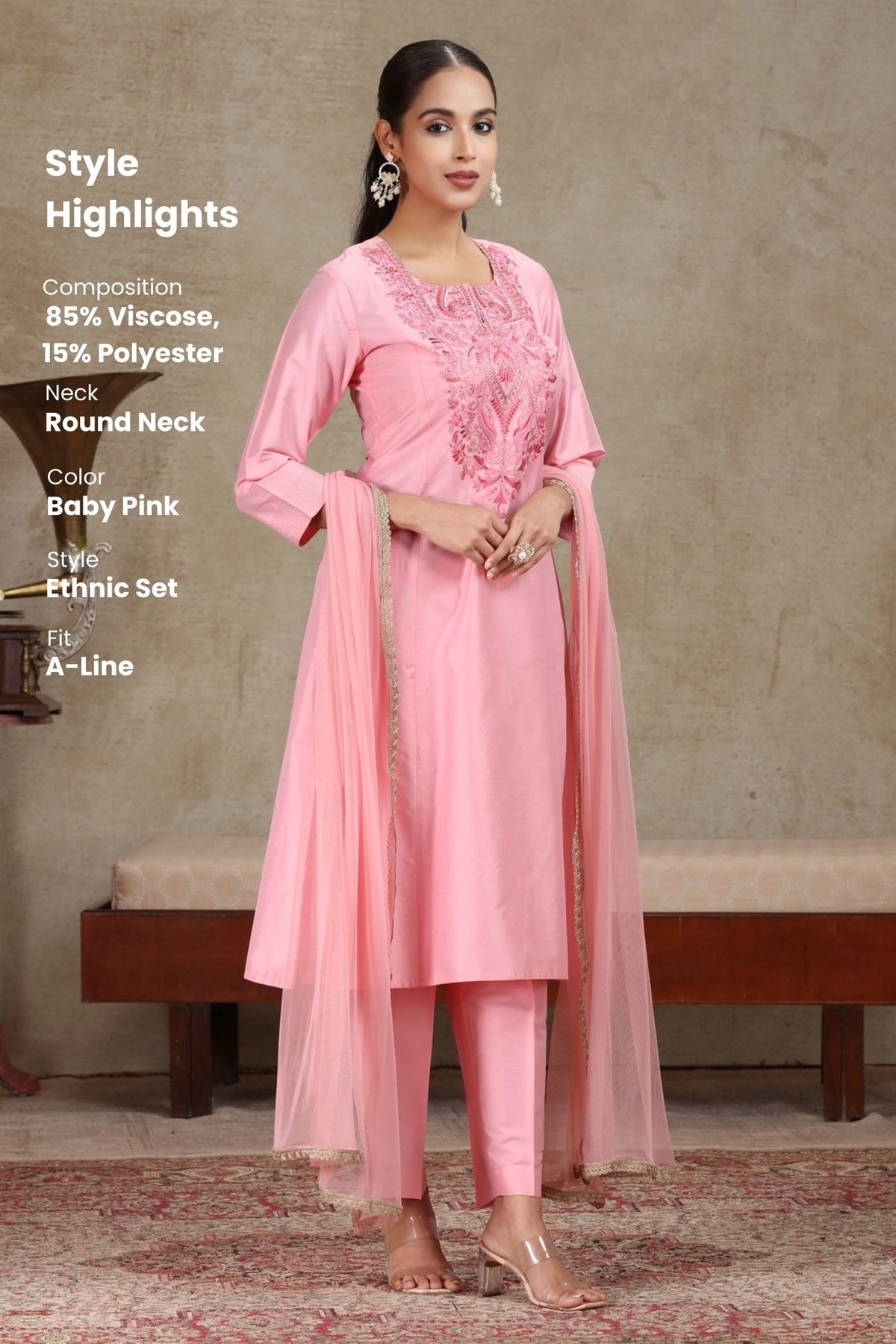 Light Pink Embroidered A-Line Ethnic Set