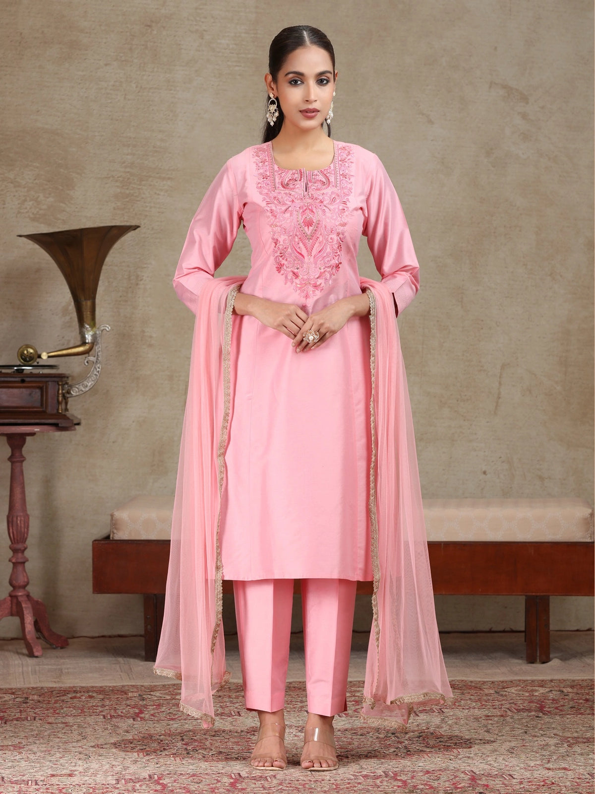 Light Pink Embroidered A-Line Ethnic Set