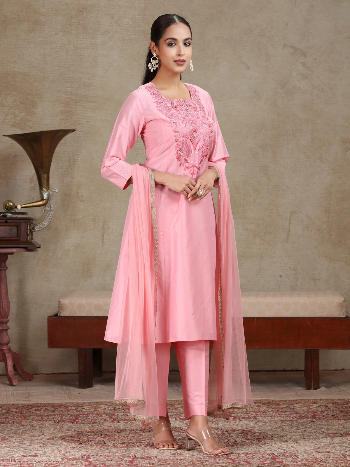 Light Pink Embroidered A-Line Ethnic Set