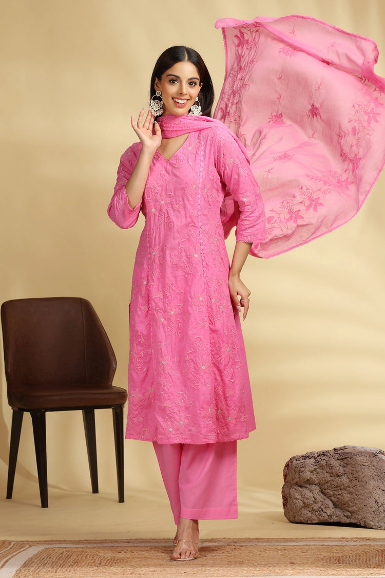 Baby Pink Embroidered Jacquard Cotton Straight Kurta Pant Dupatta Suit Set for women