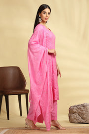 Baby Pink Embroidered Jacquard Cotton Straight Kurta Pant Dupatta Suit Set for women